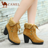 Camel 骆驼女靴 时尚魅力 休闲反绒翻折绒毛粗跟高跟短靴