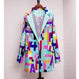 2014春装新款 韩版中长款一粒扣修身小西服 花色轻薄小西装女外套