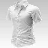 外贸日单原单 修身免烫纯色2016年夏季新款男装短袖衬衫 白色