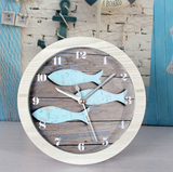 欧式复古地中海做旧木头小鱼闹钟时尚创意客厅田园座钟台式时钟表