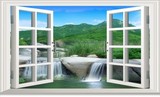 定做防水可移除大视野窗外风景自粘画 浴室背景墙贴纸 山水相依