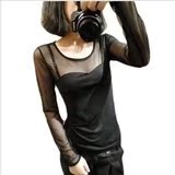 2014春款韩版女装透明网纱拼接性感修身黑色长袖t恤百搭打底衫