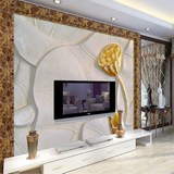 3D立体金色荷花莲花中式大型无缝壁画 定制客厅沙发电视背景墙纸