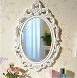 欧式田园巴洛克镂空浮雕木质白色梳妆镜子 可悬挂椭圆浴室化妆镜