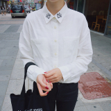 2014韩版新款原宿风 清新砖石刺绣简约百搭白色衬衣 春季女款衬衫