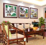 江南水乡新中式客厅装饰画卧室山水风景三联红实木有框画挂画壁画