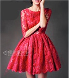 欧美红色长袖蕾丝连衣裙 新娘装蓬蓬裙晚礼服敬酒服主持服伴娘裙