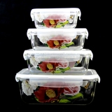 韩国进口 粉白茶花 耐热玻璃保鲜盒饭盒微波炉保鲜碗 长方形 4号
