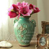 艾丽尚/欧式蓝色陶瓷花瓶配广玉兰把束花套装 仿真洋玉兰花卉花器
