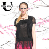 uenshadi温莎蒂品牌优雅女装夏装黑色纯麻单件修身针织衫3015