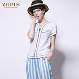 ZOPIN作品夏装新款 高端优雅女装修身英伦V领短袖针织雪纺衬衫女