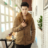 冬季新款男装 韩版时尚修身男士中长款加绒保暖棉衣 男毛毛领外套