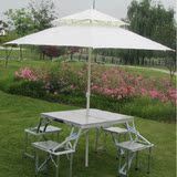 特价 高档铝合金户外野餐桌 折叠桌椅 四面连体桌椅 野餐桌子