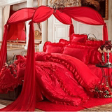 提花床上用品四件套家纺婚庆六件套大红色贡缎蕾丝被套床单式韩版
