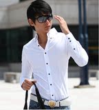 春夏男士韩版修身免烫长袖衬衫时尚商务休闲职业白色高领扣领衬衣
