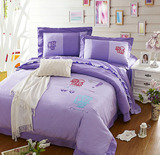 纯色纯棉花边四件套全棉被套韩式双拼绣花床上用品家纺特价紫粉色