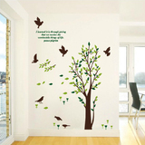 可移除贴纸秋天绿树飞鸟客厅卧室背景墙贴画卡通绿色环保创意个性