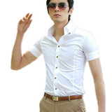 语晨日韩男夏装短袖衬衫男式韩版修身时尚商务休闲高领衬衣白色潮