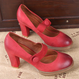 布兰卡卡秋鞋新款红色擦色婚鞋羊皮复古粗跟女高跟鞋D09651