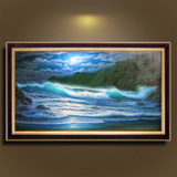 欧式纯手绘油画海景月色海浪有框画大海客厅酒店挂画精品装饰风景
