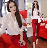 2016春季新款韩版女装 白色衬衫上衣+红色铅笔小脚七分裤两件套装