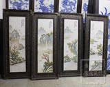 景德镇陶瓷瓷板画手绘粉彩仿古做旧山水四条屏陶瓷装饰画客厅挂屏