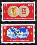 皇冠店]东德邮票1970年自由德国工会联合会25周年.地球徽章 2全新