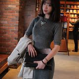 2015新款韩版修身收腰圆领短袖镂空针织裙怀旧风薄款毛衣连衣裙