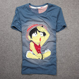 卡威酷夏季潮男士动漫卡通 海贼王路飞 做旧水洗贴布纯棉短袖T恤