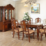 芬迪可伸缩餐桌6人复古全实木餐桌椅组合美式乡村雕花复古吃饭桌