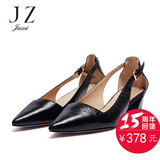 JUZUI/玖姿 夏季真皮中跟镂空浅口单鞋 粗跟尖头女鞋