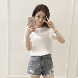 2016韩国夏季短袖镂空蕾丝拼接上衣女百搭棉麻衫宽松显瘦白色T恤