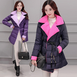 2016冬季新款韩版翻领拼色修身显瘦长袖女士棉袄厚外套中长款棉衣