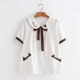 日系森女学院风甜美刺绣猫爪娃娃领学生短袖衬衫女夏季打底衫上衣