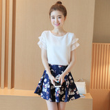 女装夏季最新款套装韩版修身显瘦雪纺衫上衣A字短裙两件套连衣裙