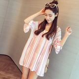 夏季韩版清新甜美条纹短装娃娃裙宽松V领喇叭袖中长款连衣裙粉色