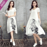 夏季新款正品ZARA短袖复古女装棉麻连衣裙中长款亚麻宽松大码长裙