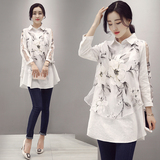 2016春装新款韩版中长款九分袖翻领亚麻棉麻衬衫衬衣女装