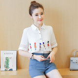 2016新款休闲韩版女装夏季宽松印花衬衣短袖衬衫白上衣