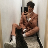 东大门韩国男装代购 16春季修身双排扣西服外套褐色简约西装套装