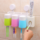 创意双吸盘三口牙刷架洗漱套装吸壁式漱口杯牙刷盒带自动挤牙膏器