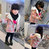 2015新款韩版秋冬装女童中小童宝宝格子棉衣外套毛呢连帽加绒大衣