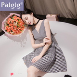 Palglg夏季新款女装2016修身性感V领收腰无袖格子连衣裙百褶裙子