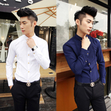 春季长袖衬衫男潮流修身大码青年韩版学生英伦竖条纹免烫休闲寸衣