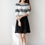 春季新款韩版刺绣蕾丝五分袖两件套时尚连衣裙高腰甜美修身套装裙