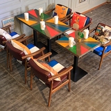 美式乡村咖啡厅桌椅组合 复古奶茶甜品店茶餐厅Loft拼色皮质餐椅
