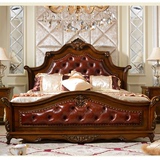 欧式床 美式红雕花真皮全实木大床 1.8/2/2.2米橡木床婚床公主床