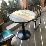 美式乡村田园LOFT做旧实木桌子咖啡厅彩色铁艺圆形休闲桌椅组合
