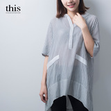 韩国夏季女装竖条纹五分袖衬衫女宽松长款小V领大码套头衬衣