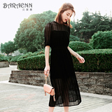 BARAENN2016夏季新款韩版纯色高腰修身显瘦连衣裙女圆领蕾丝长裙